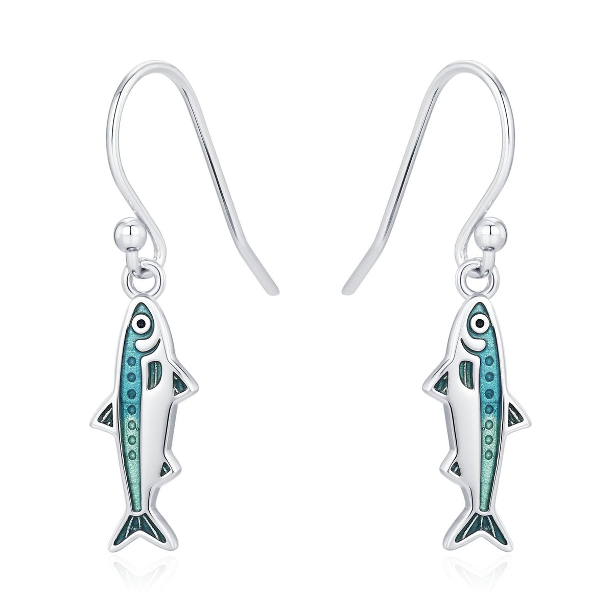 Sterling Silver Enamel Sardine Fish Dangle Hook Earrings