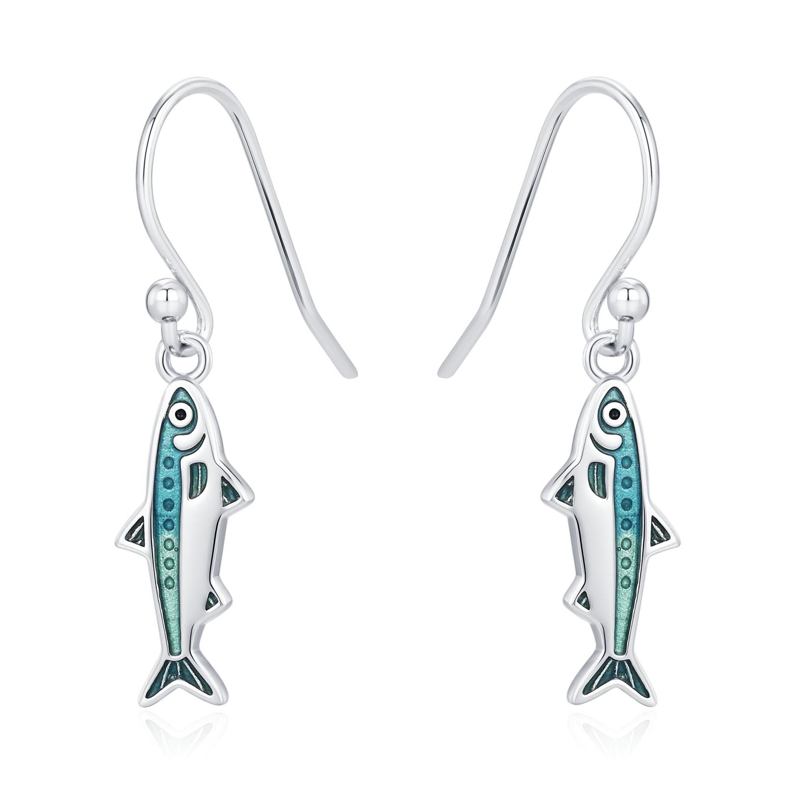 Sterling Silver Enamel Sardine Fish Dangle Hook Earrings