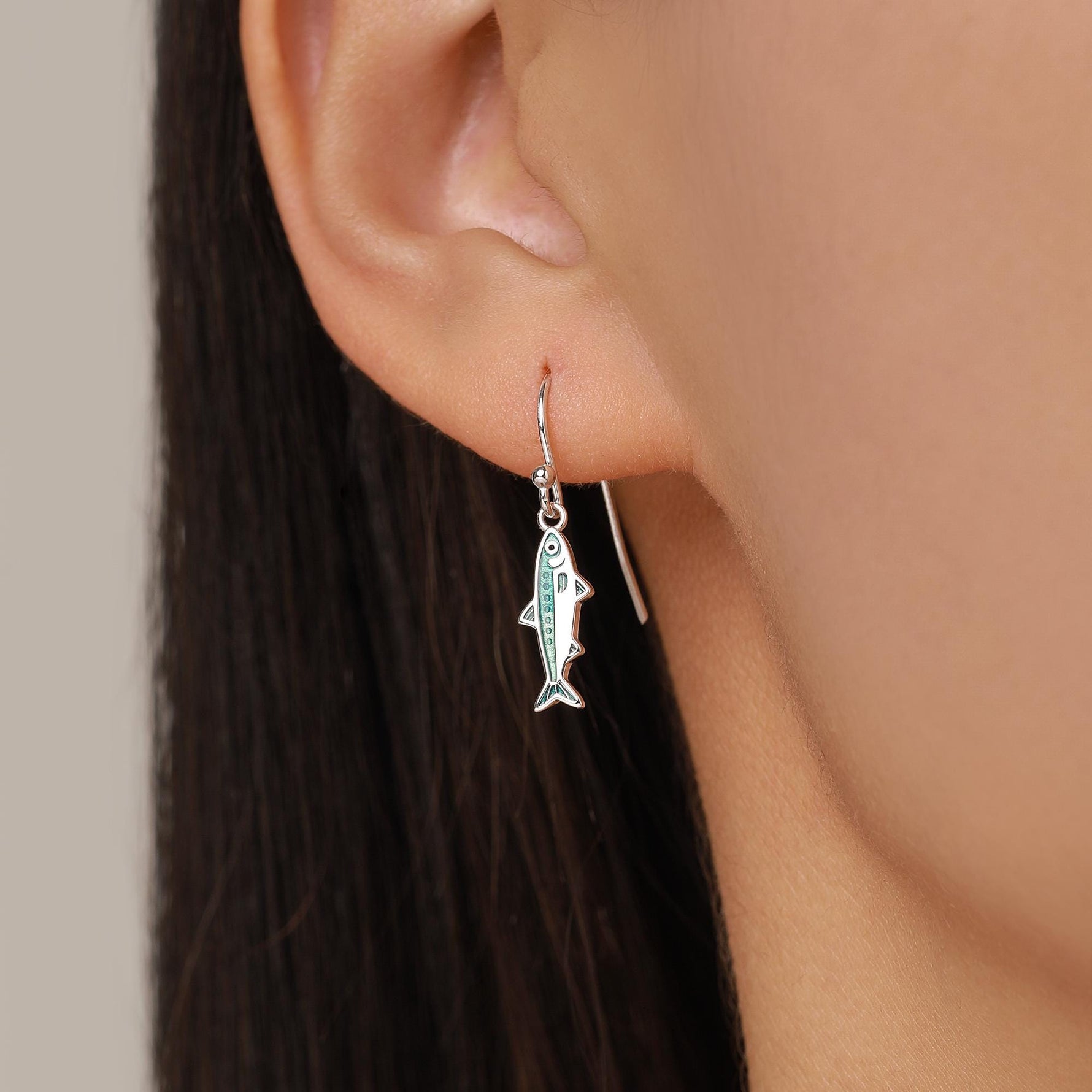 Sterling Silver Enamel Sardine Fish Dangle Hook Earrings