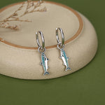 Sterling Silver Enamel Sardine Fish Charm Hoop Earrings