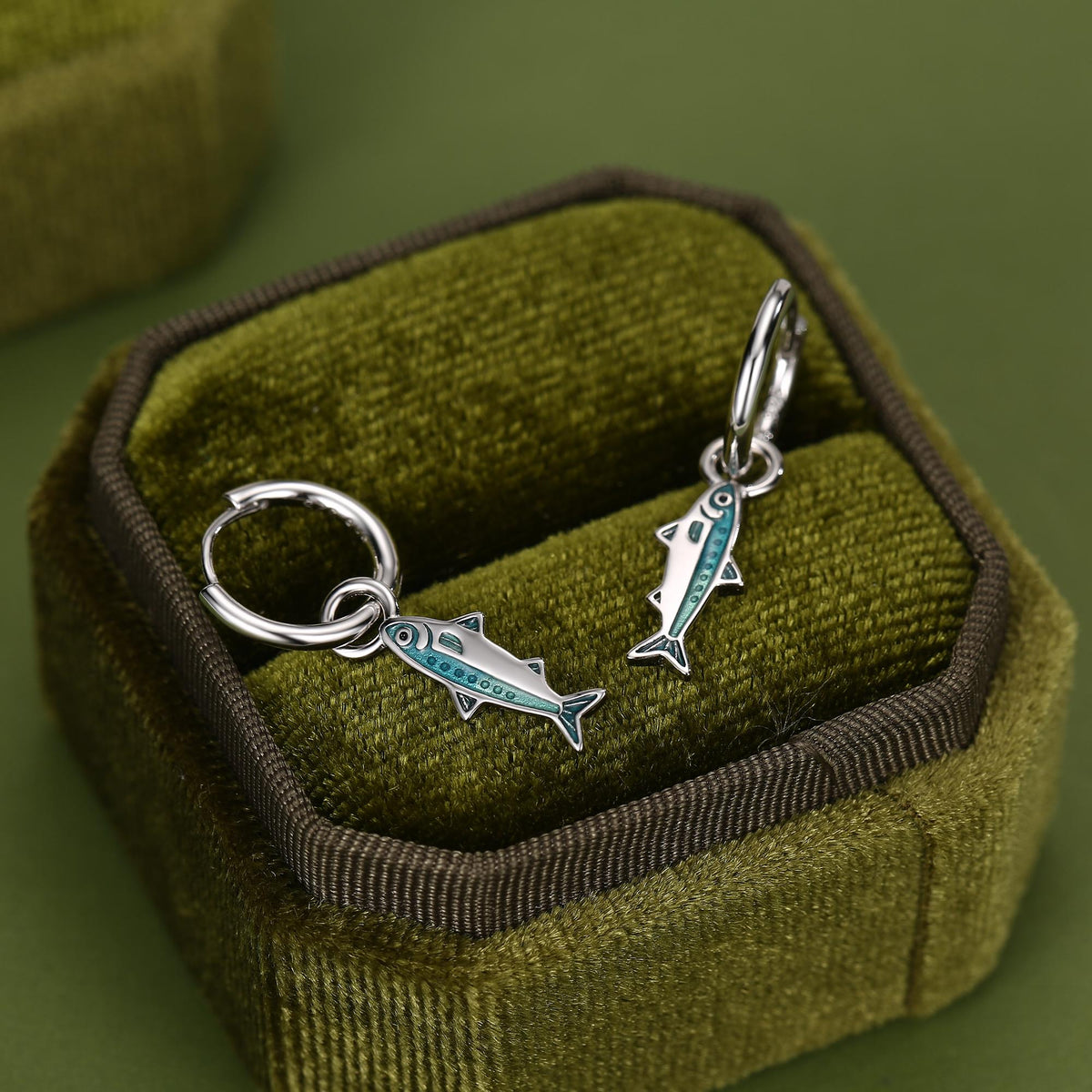 Sterling Silver Enamel Sardine Fish Charm Hoop Earrings