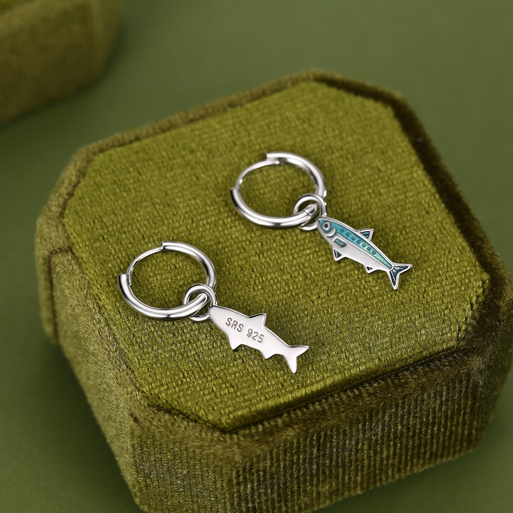 Sterling Silver Enamel Sardine Fish Charm Hoop Earrings