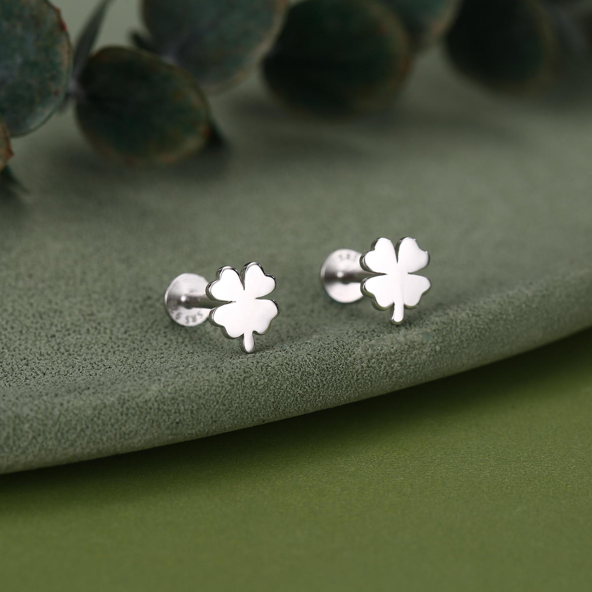 Sterling Silver Four Leaf Clover 16G Flat Back Stud Earrings