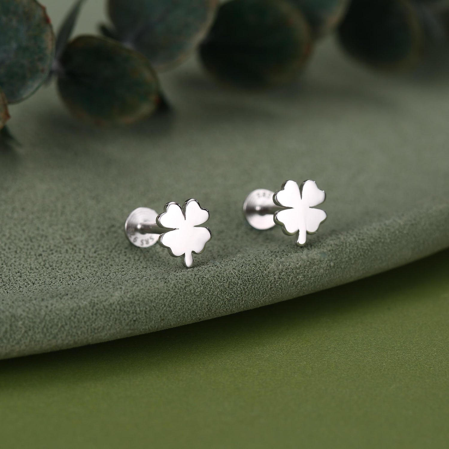 Sterling Silver Four Leaf Clover 16G Flat Back Stud Earrings