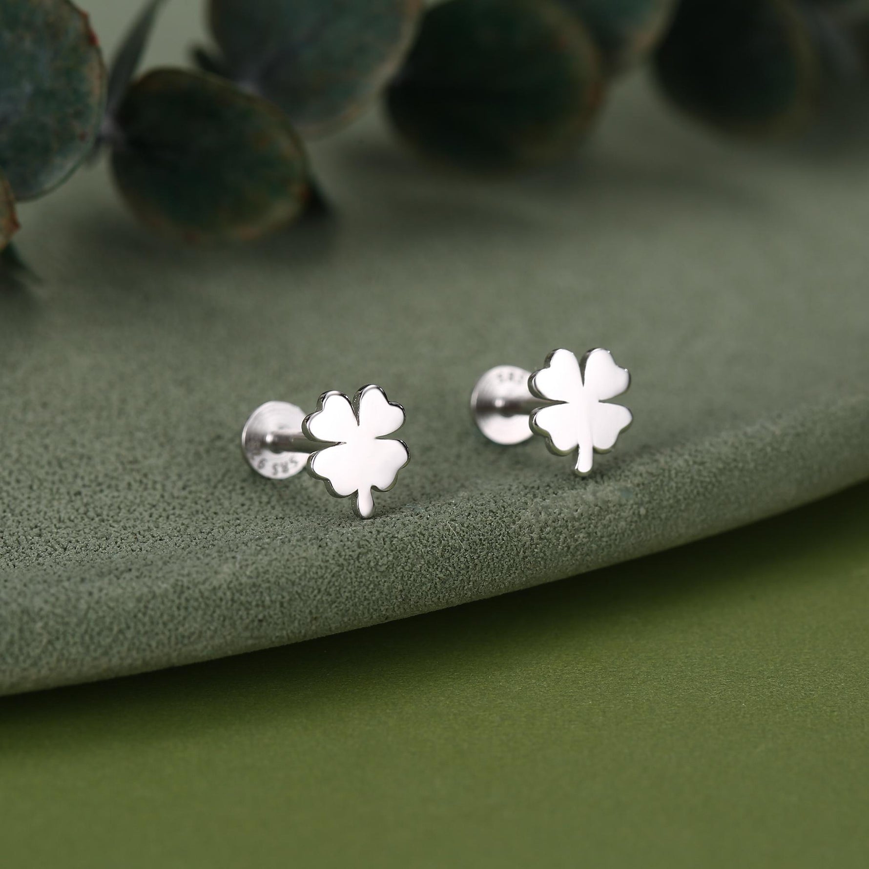 Sterling Silver Four Leaf Clover 16G Flat Back Stud Earrings