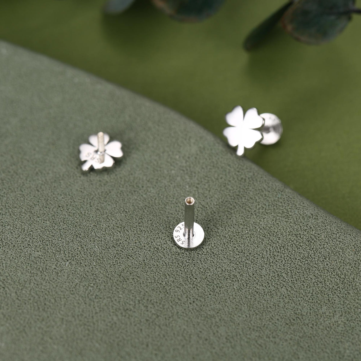 Sterling Silver Four Leaf Clover 16G Flat Back Stud Earrings