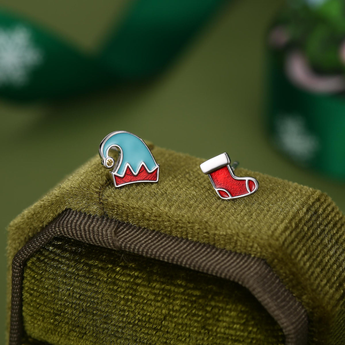 Sterling Silver Christmas Stocking and Elf Hat Mismatched Stud Earrings