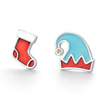 Sterling Silver Christmas Stocking and Elf Hat Mismatched Stud Earrings