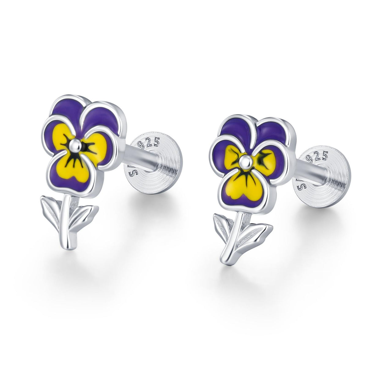 Sterling Silver Enamel Pansy Flower 16G Flat Back Earrings