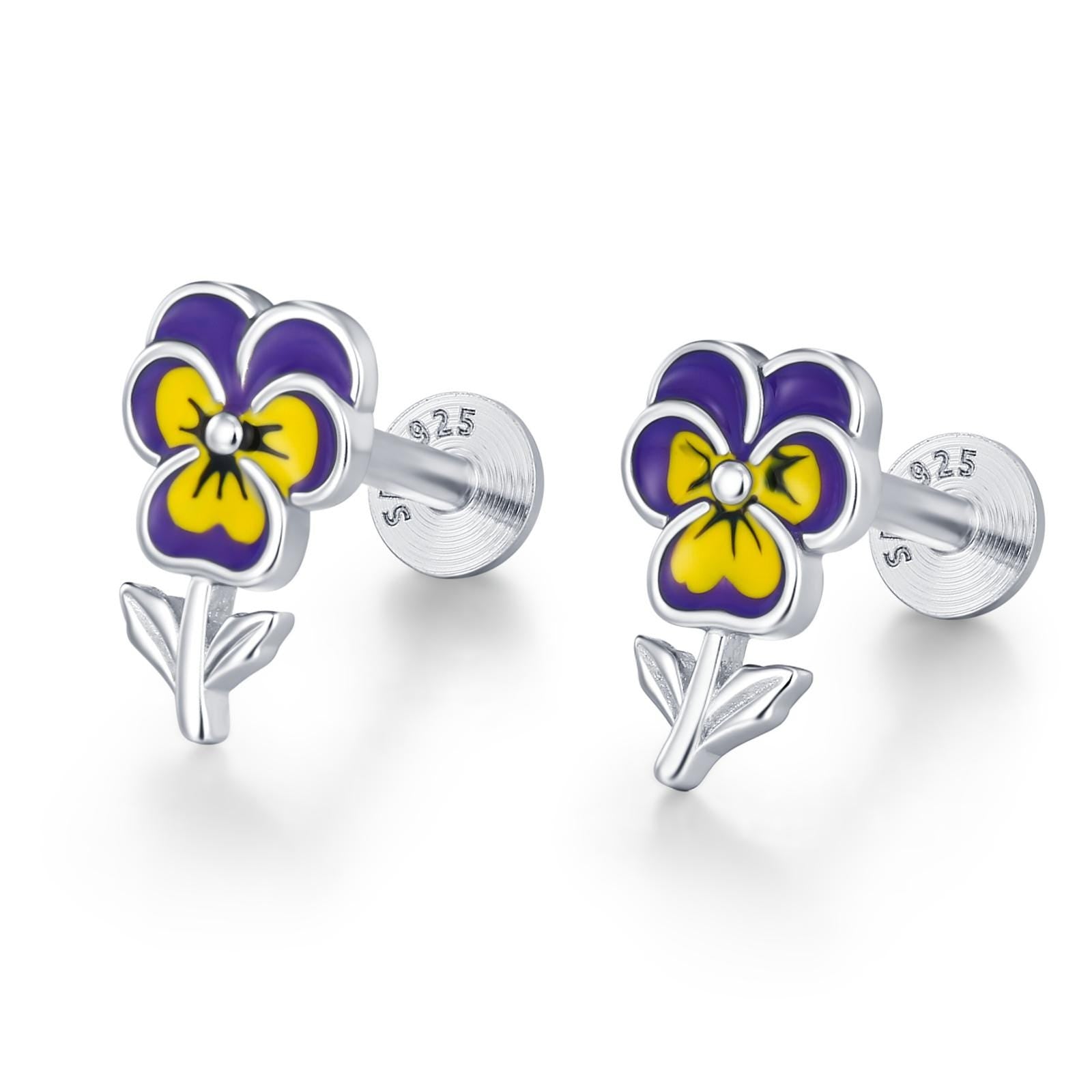 Sterling Silver Enamel Pansy Flower 16G Flat Back Earrings
