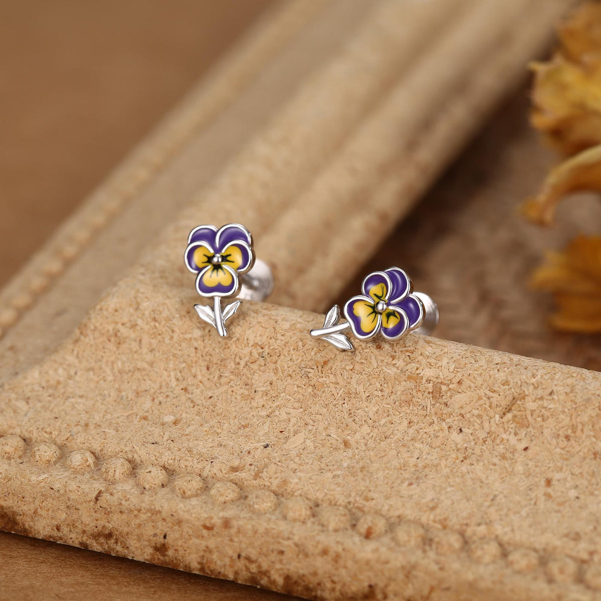Sterling Silver Enamel Pansy Flower 16G Flat Back Earrings