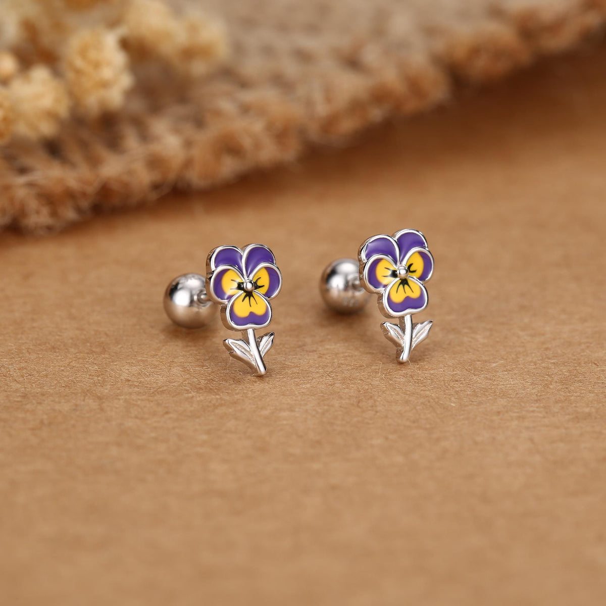 Sterling Silver Enamel Pansy Flower 18G Screw Back Earrings
