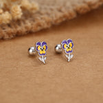 Sterling Silver Enamel Pansy Flower 18G Screw Back Earrings