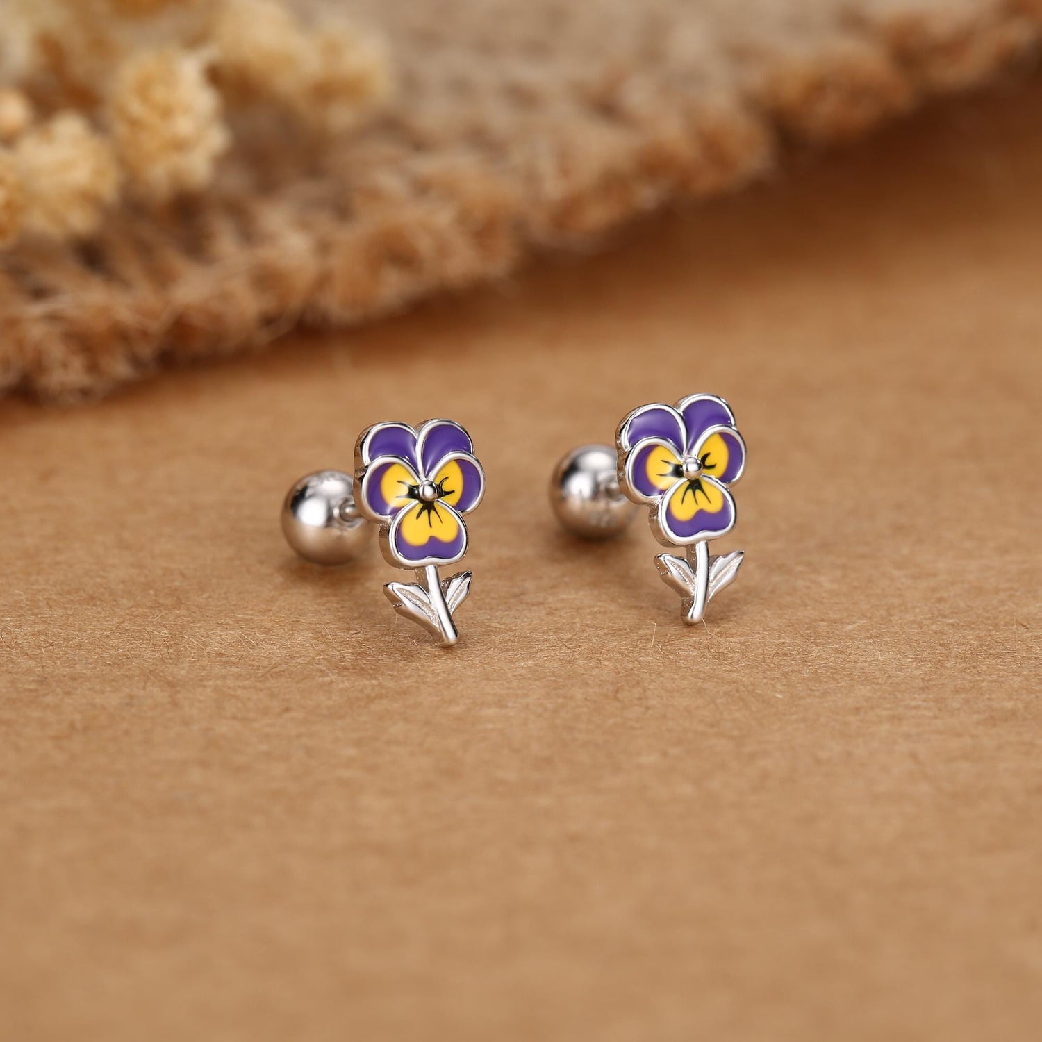 Sterling Silver Enamel Pansy Flower 18G Screw Back Earrings