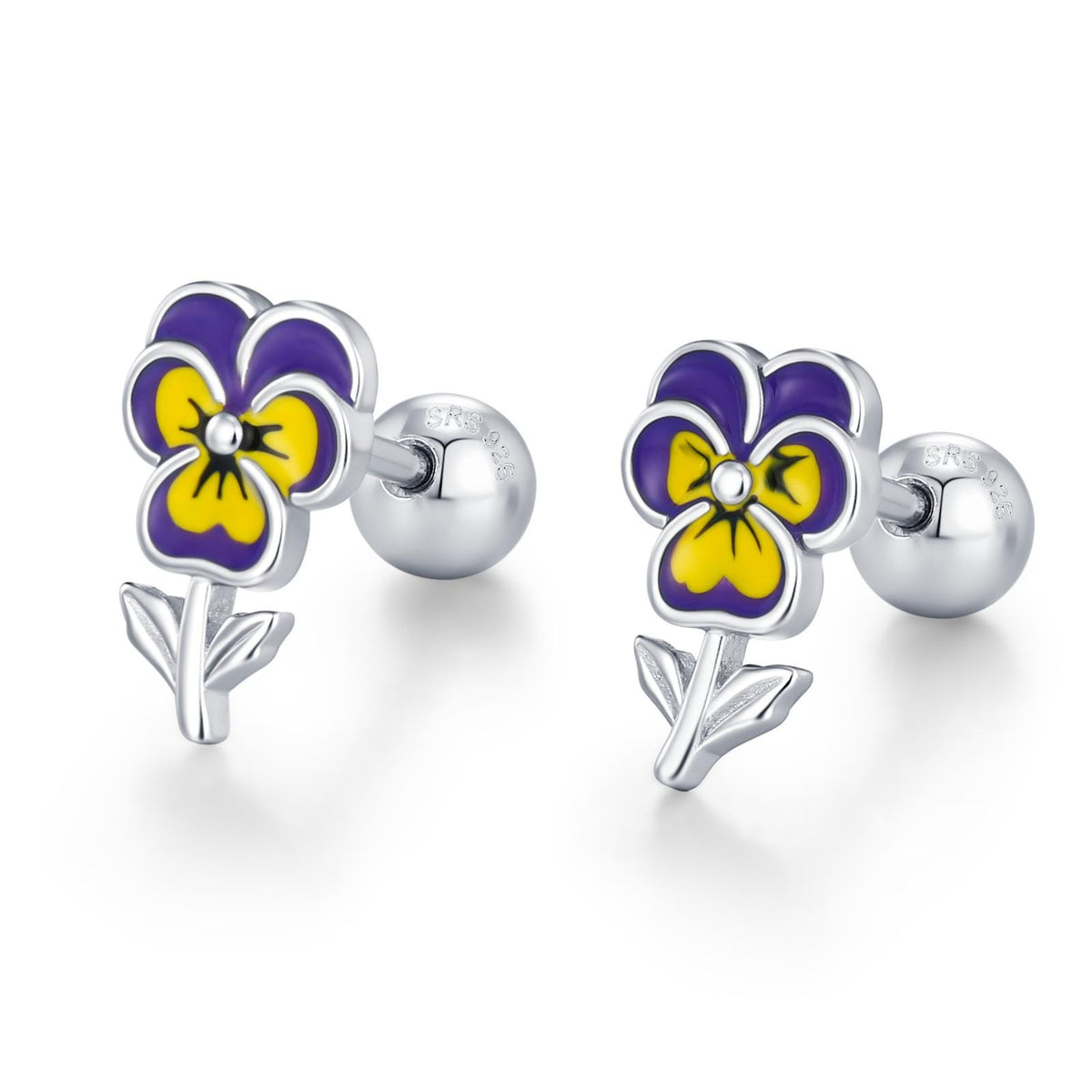 Sterling Silver Enamel Pansy Flower 18G Screw Back Earrings