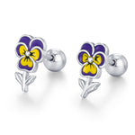 Sterling Silver Enamel Pansy Flower 18G Screw Back Earrings