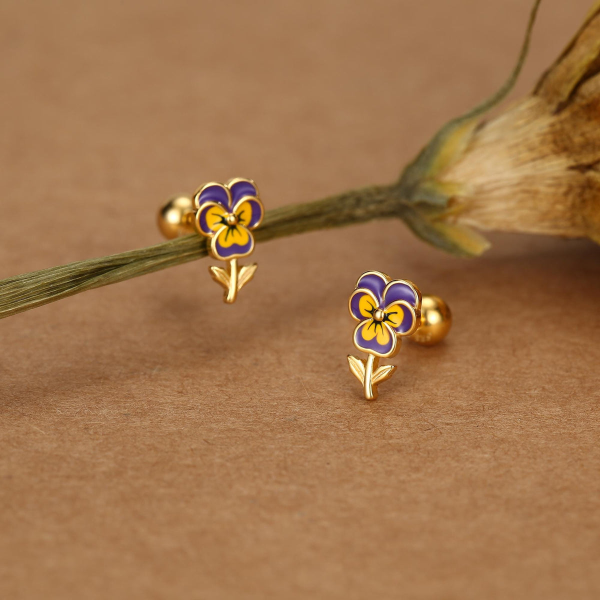 Sterling Silver Enamel Pansy Flower 18G Screw Back Earrings