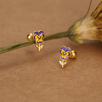 Sterling Silver Enamel Pansy Flower 18G Screw Back Earrings