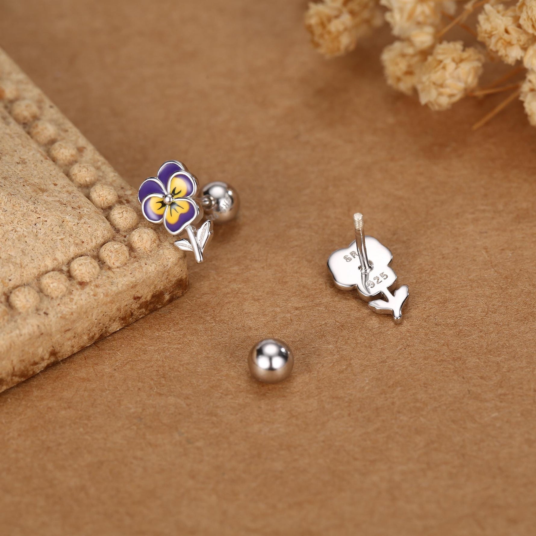 Sterling Silver Enamel Pansy Flower 18G Screw Back Earrings