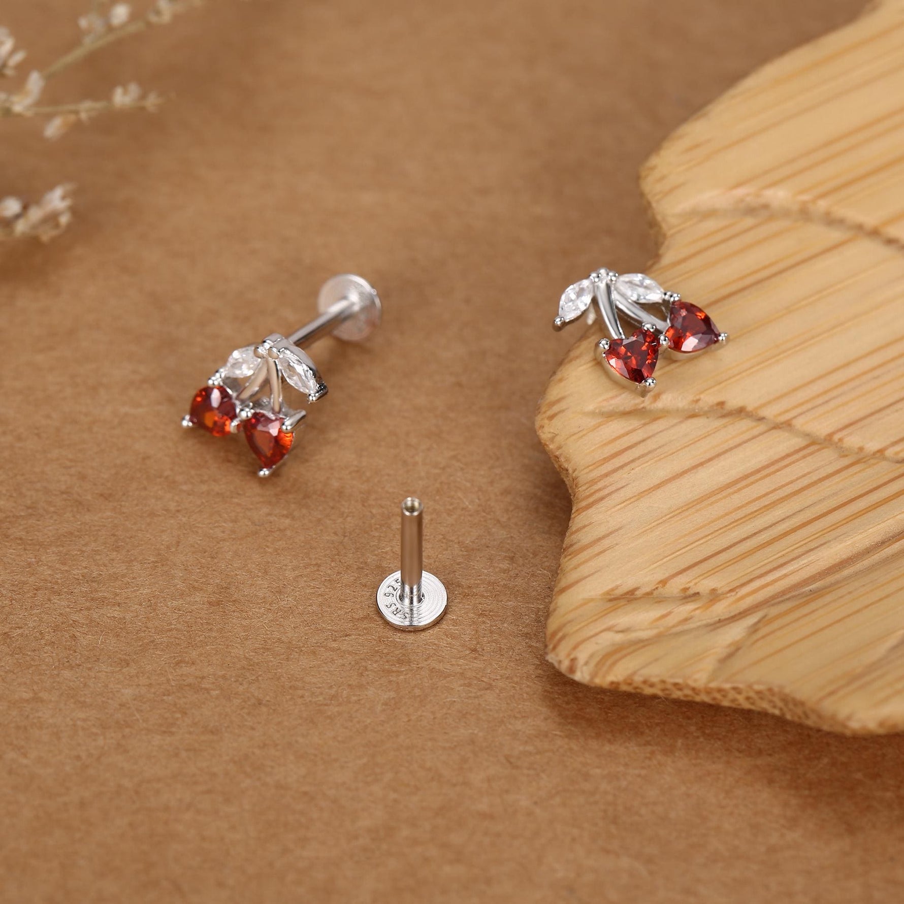 Sterling Silver Cherry 16G Flat Back Earrings