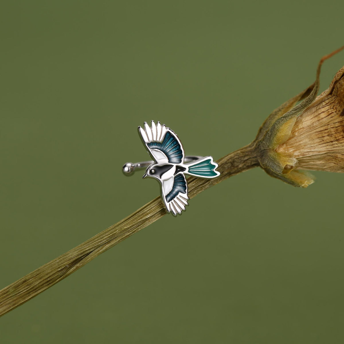 Sterling Silver Enamel Magpie Piercing Free Ear Cuff