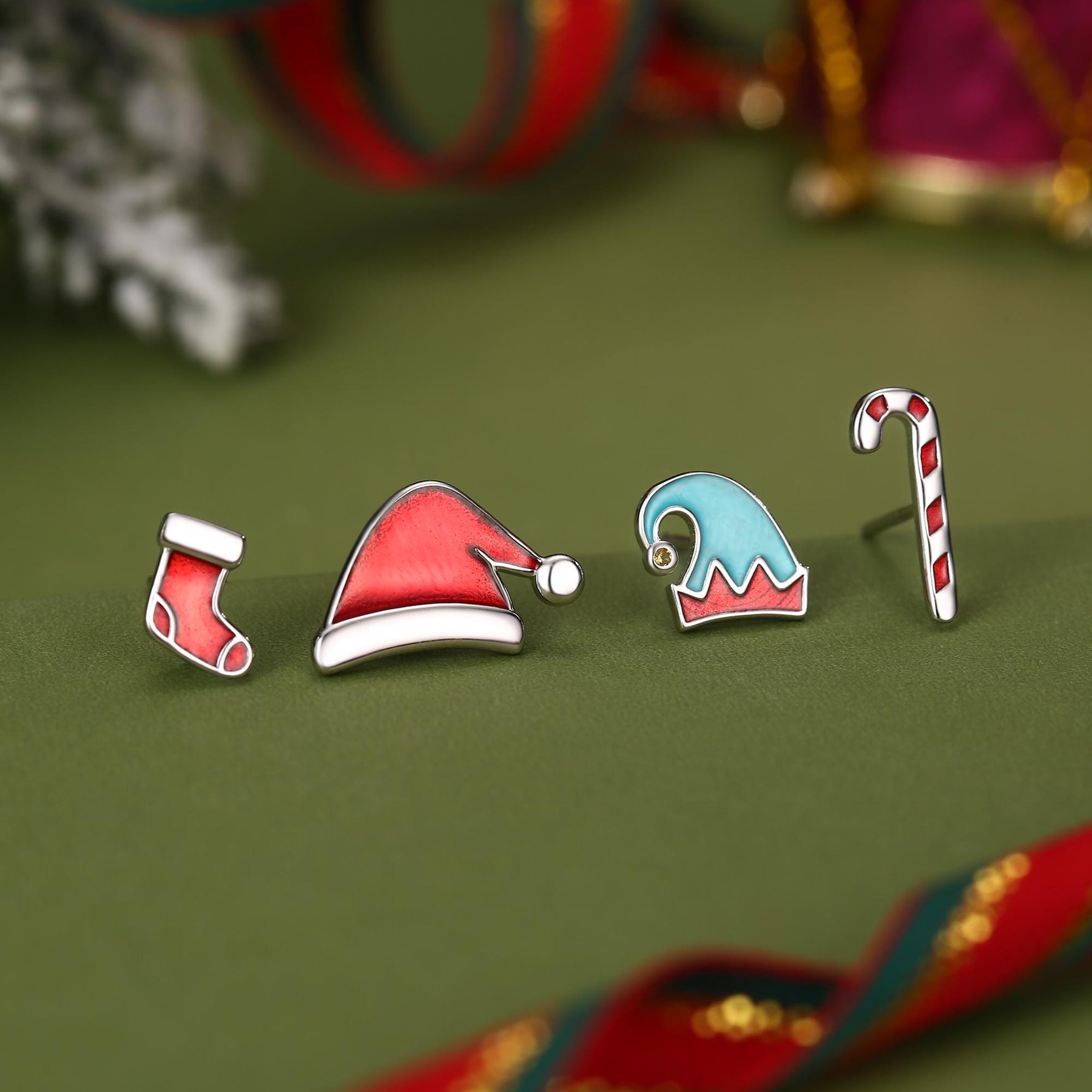 Sterling Silver Christmas Mismatch Stud Earring Single | Santa Hat, Elf Hat, Candy Cane or Stocking Stud