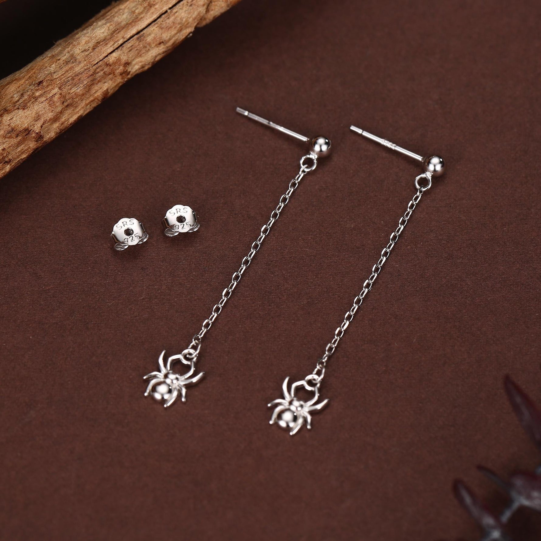 Sterling Silver Spider Chain Drop Stud Earrings