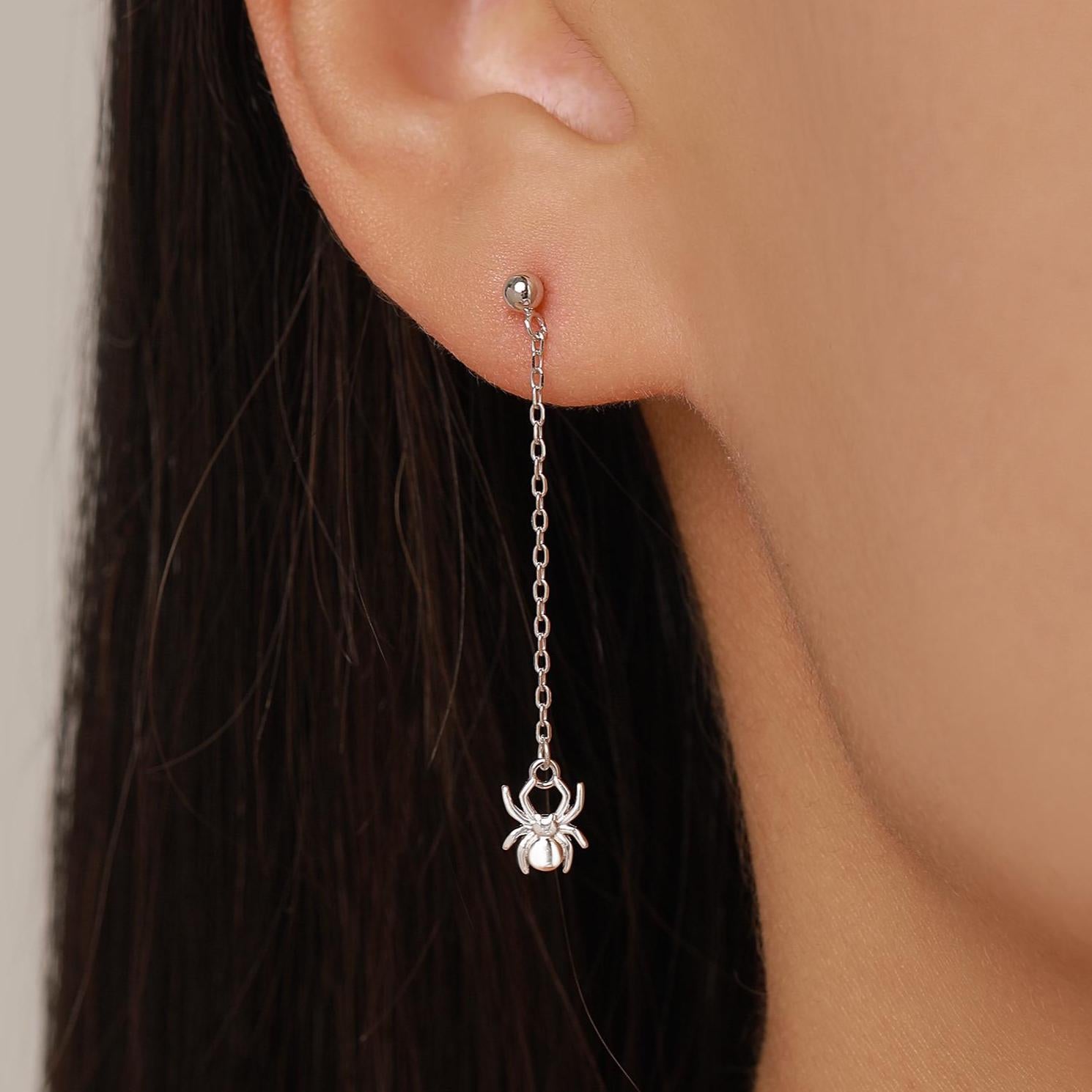 Sterling Silver Spider Chain Drop Stud Earrings