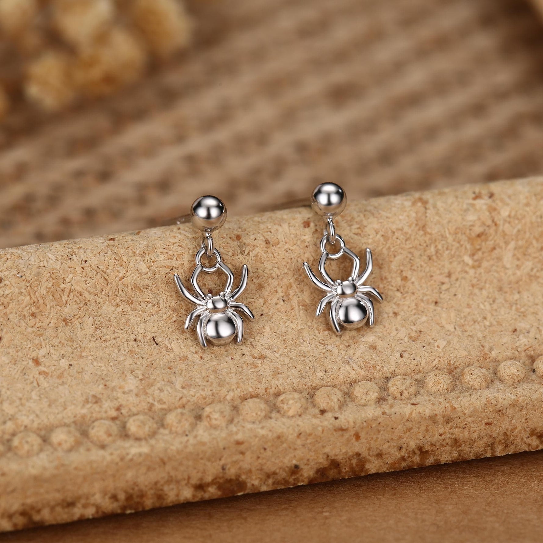 Sterling Silver Spider Drop Stud Earrings
