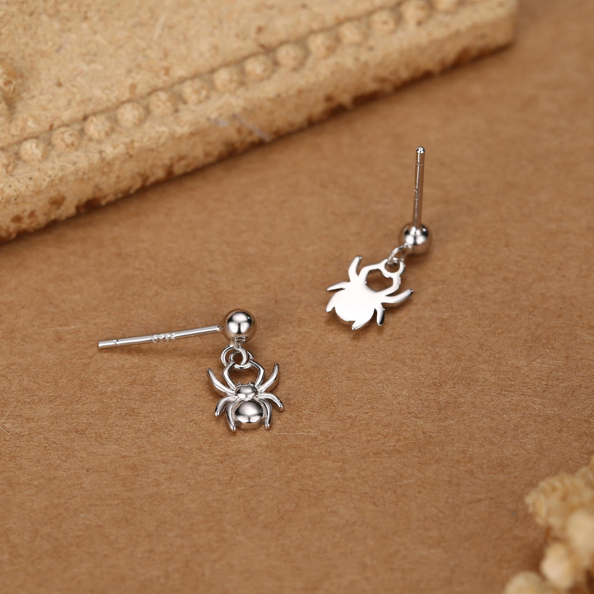 Sterling Silver Spider Drop Stud Earrings