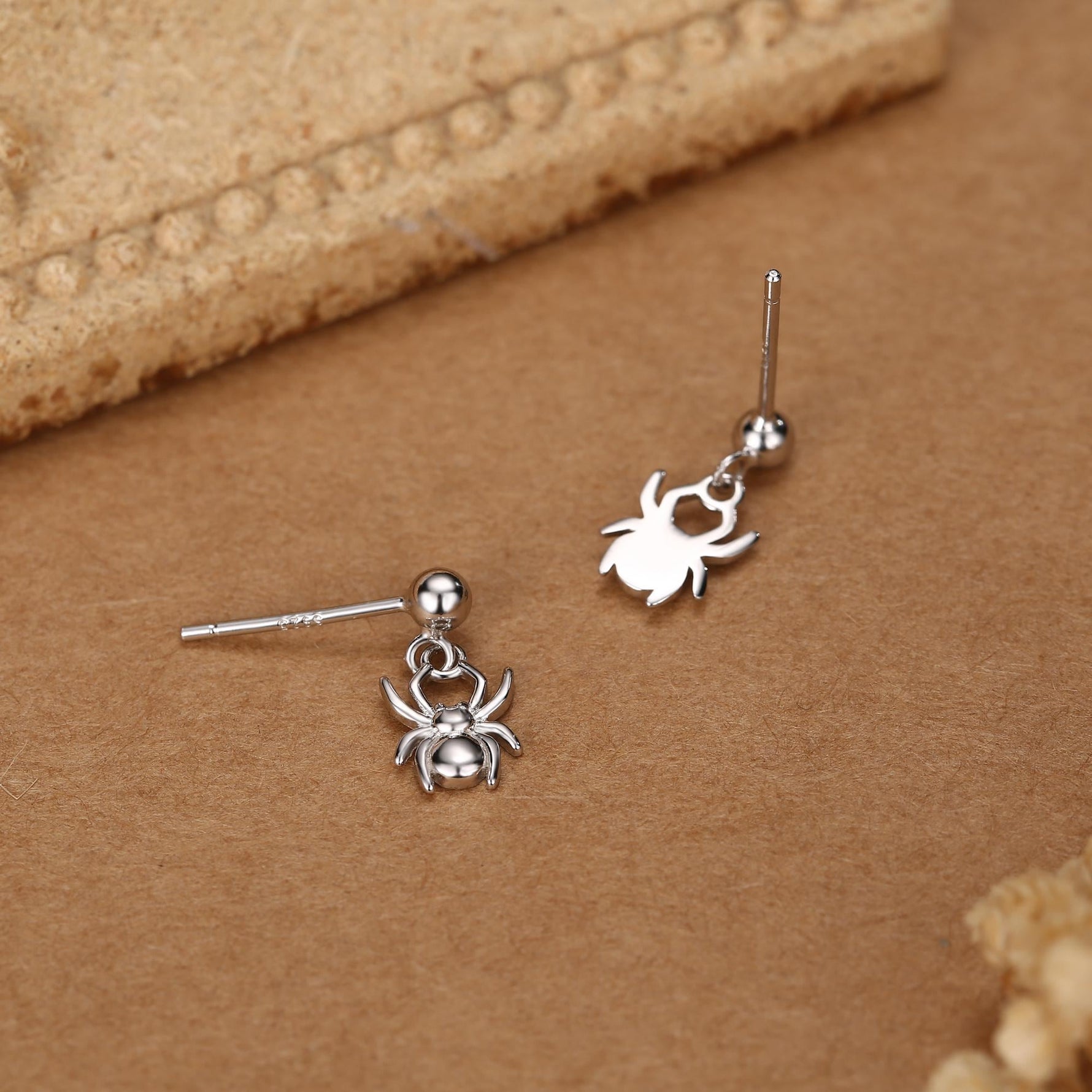 Sterling Silver Spider Drop Stud Earrings