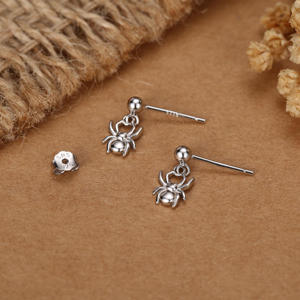Sterling Silver Spider Drop Stud Earrings