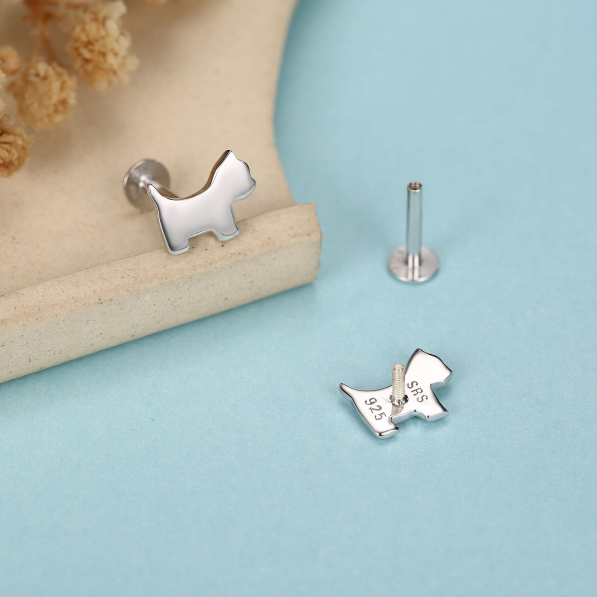 Sterling Silver Westie Flat Back Labret Earrings