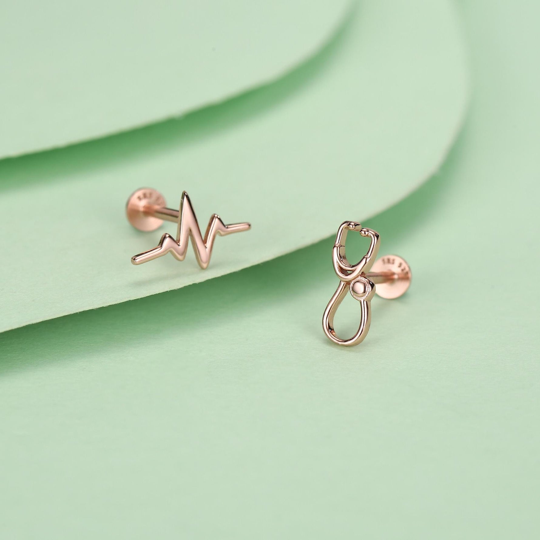 Sterling Silver Stethoscope and Heartbeat Flat Back Labret Earrings