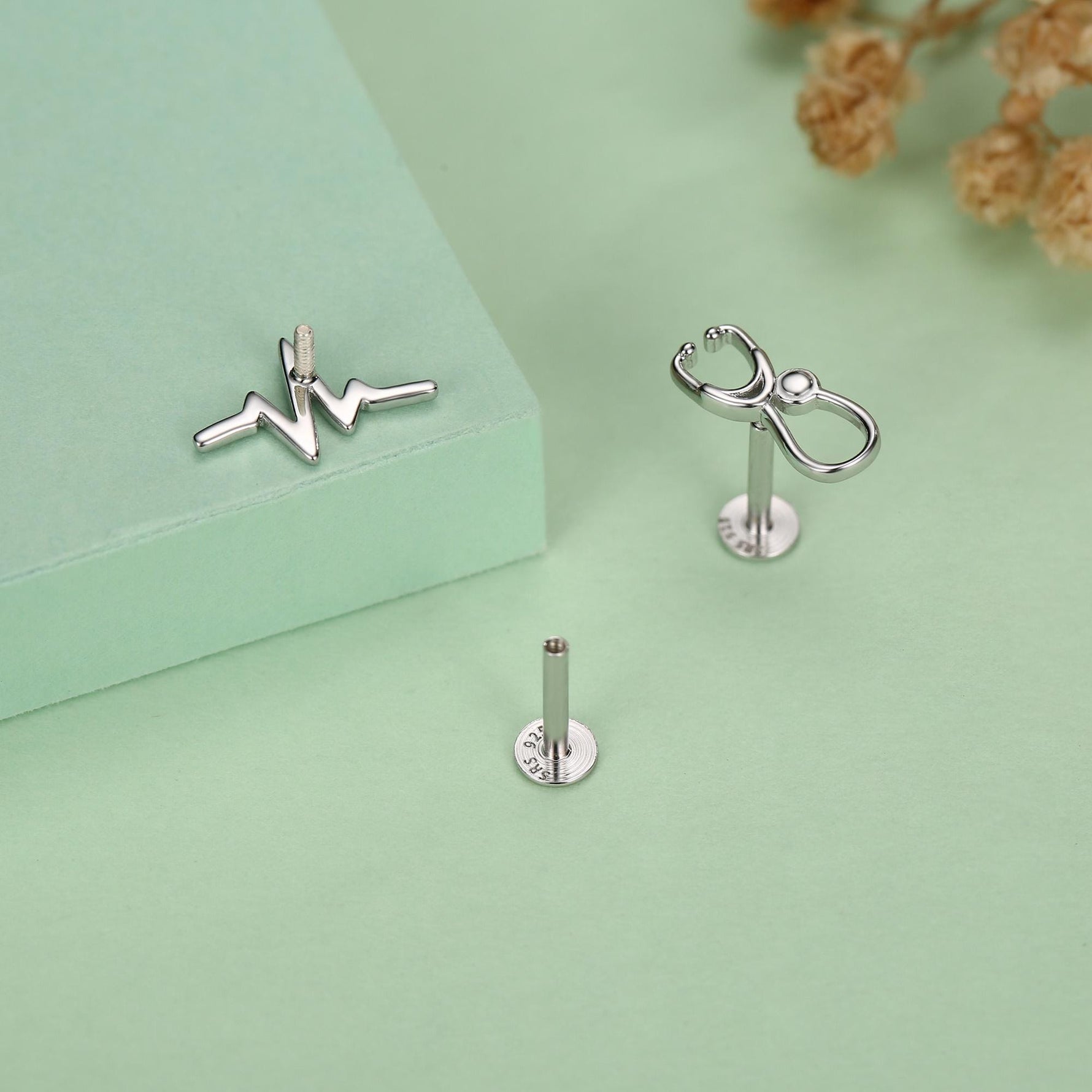 Sterling Silver Stethoscope and Heartbeat Flat Back Labret Earrings