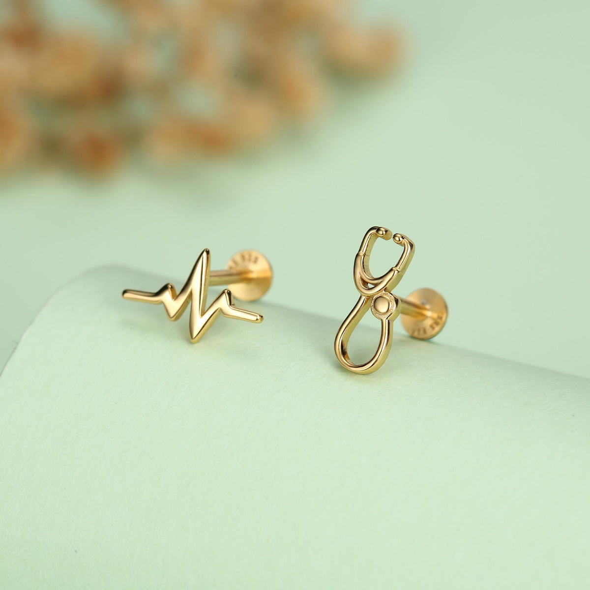 Sterling Silver Stethoscope and Heartbeat Flat Back Labret Earrings