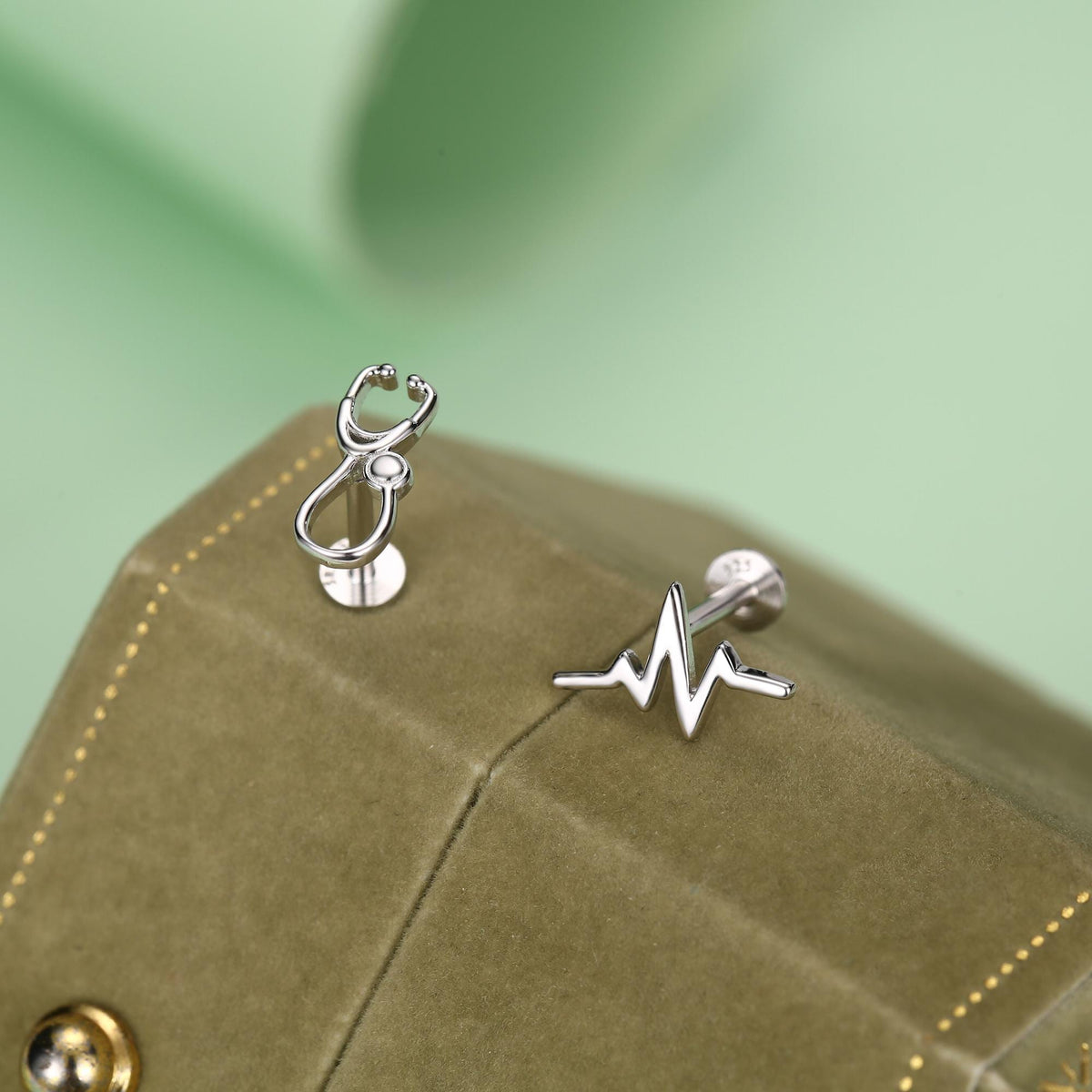 Sterling Silver Stethoscope and Heartbeat Flat Back Labret Earrings