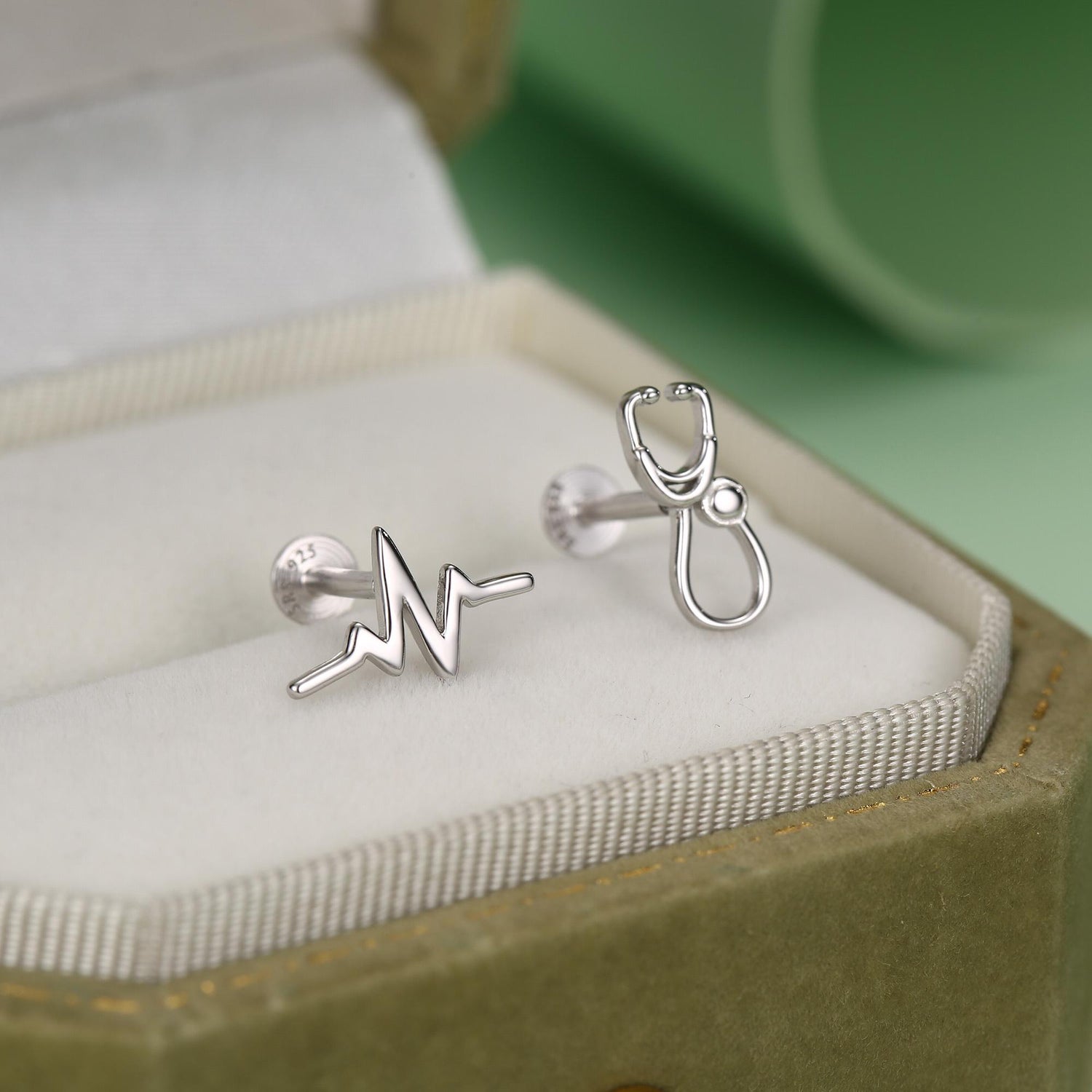 Sterling Silver Stethoscope and Heartbeat Flat Back Labret Earrings