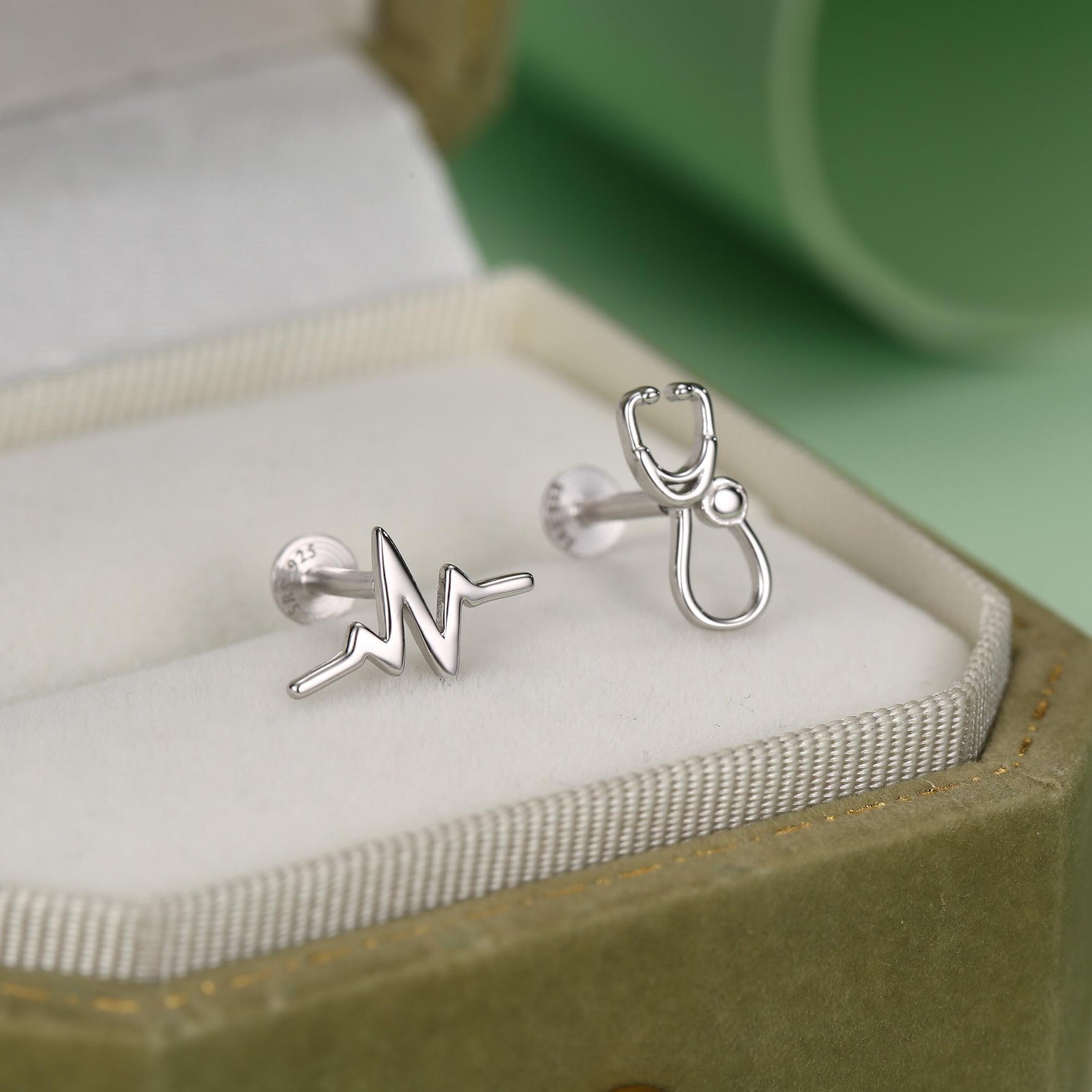 Sterling Silver Stethoscope and Heartbeat Flat Back Labret Earrings