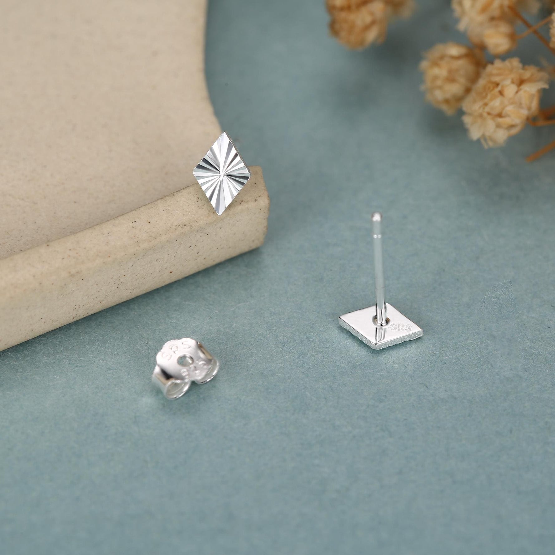 Sterling Silver Diamond Cut Rhombus Stud Earrings