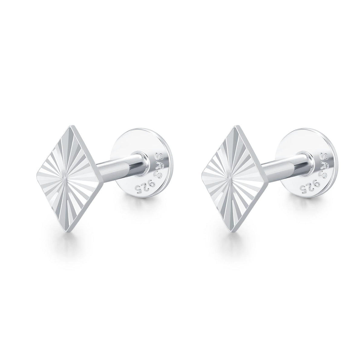 Sterling Silver Diamond Cut Rhombus 16G Flat Back Earrings