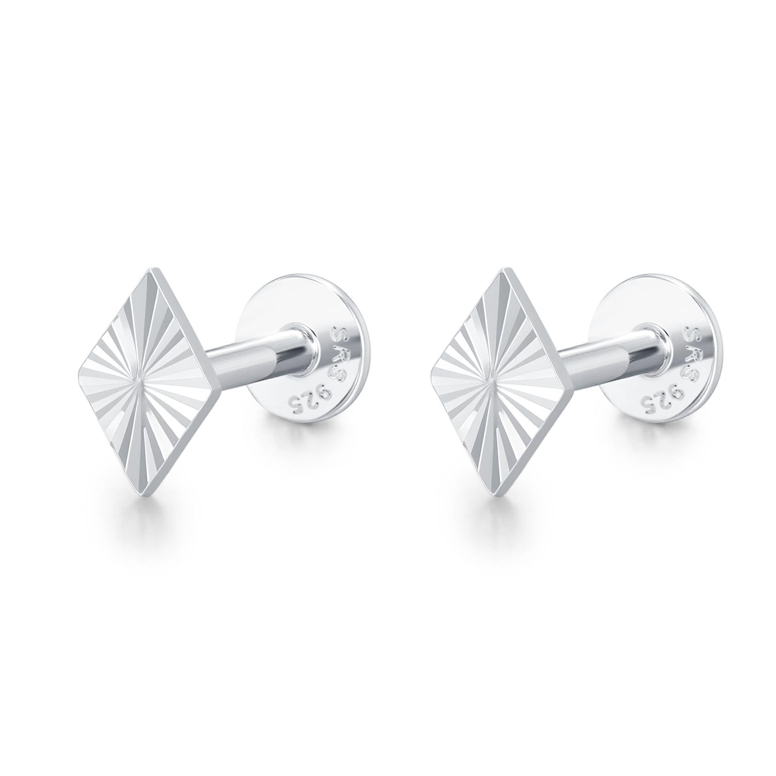 Sterling Silver Diamond Cut Rhombus 16G Flat Back Earrings