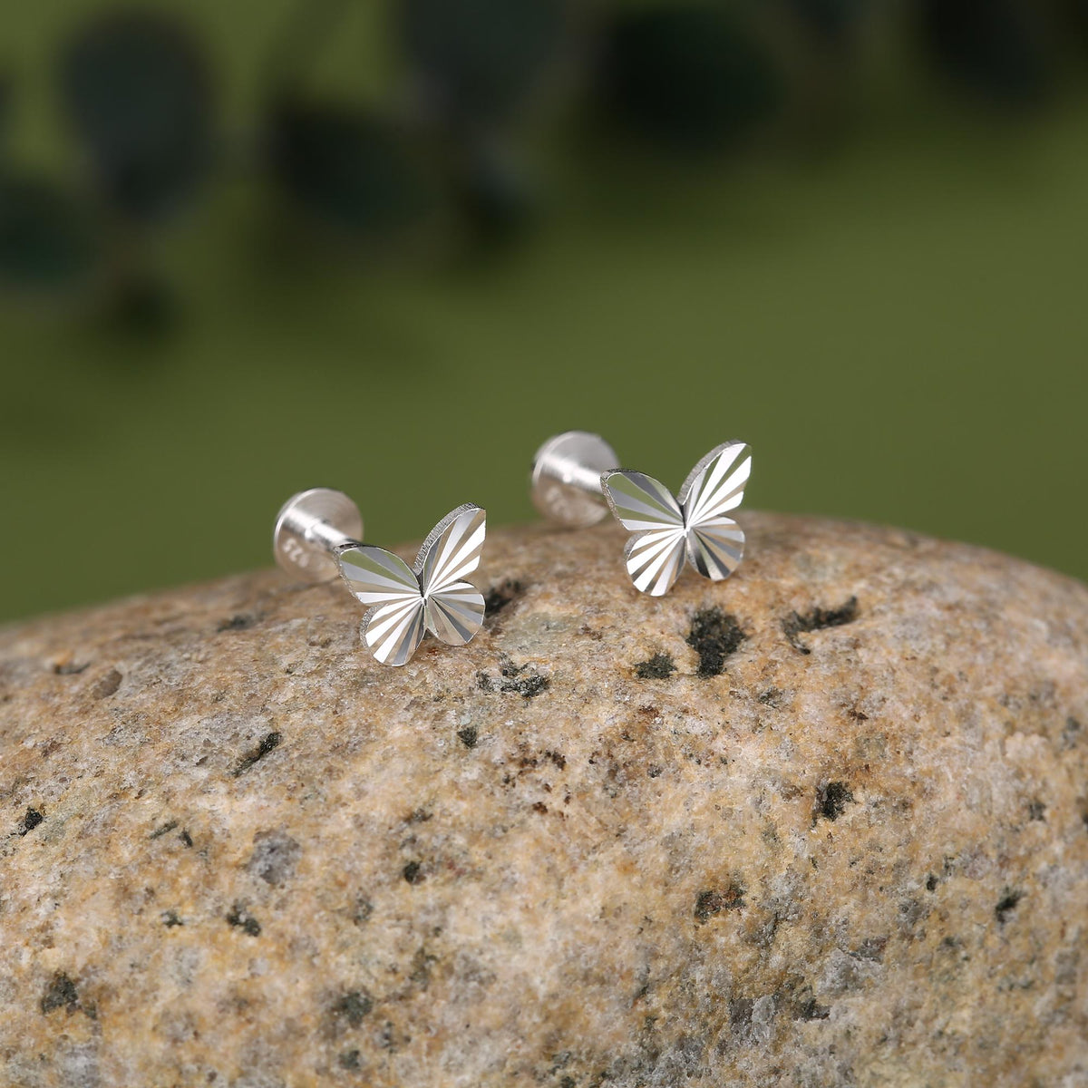 Sterling Silver Diamond Cut Sunburst Butterfly 16G Flat Back Earrings