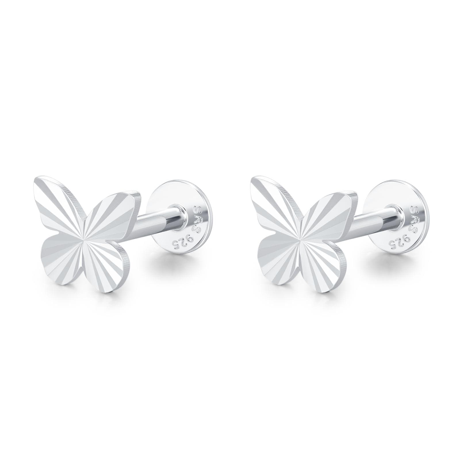Sterling Silver Diamond Cut Sunburst Butterfly 16G Flat Back Earrings