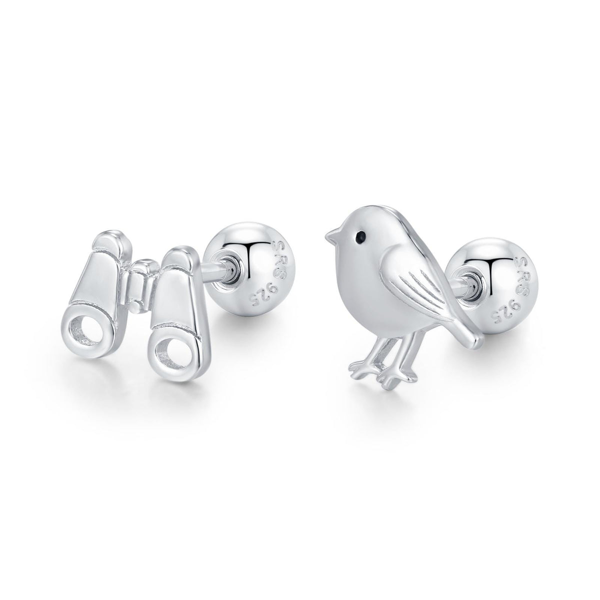 Sterling Silver Bird and Binoculars 18G Screw Back Mismatched Earrings