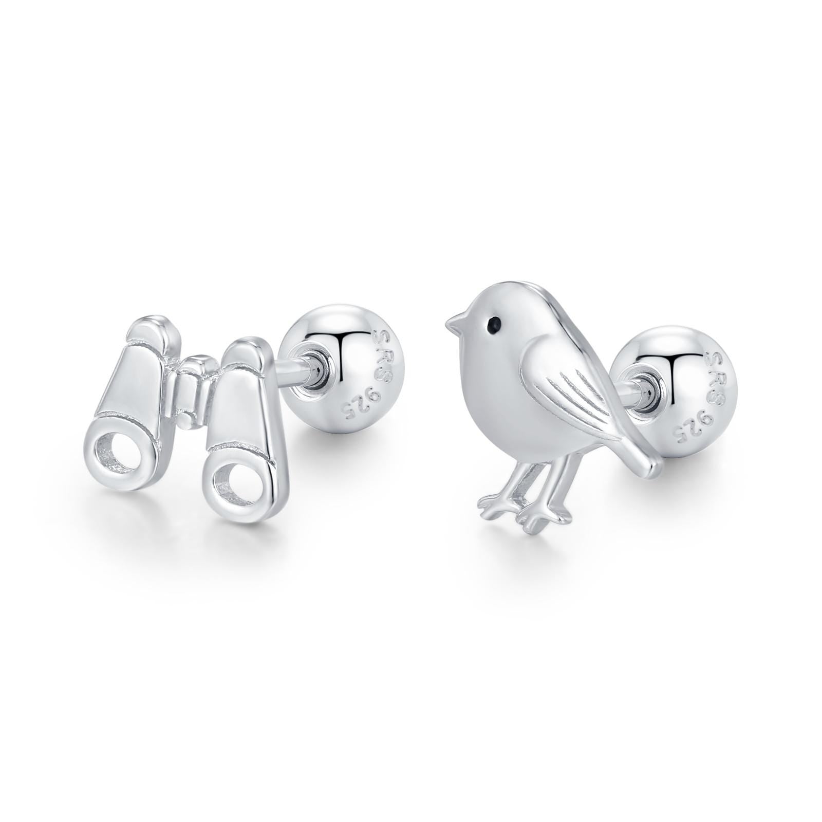 Sterling Silver Bird and Binoculars 18G Screw Back Mismatched Earrings