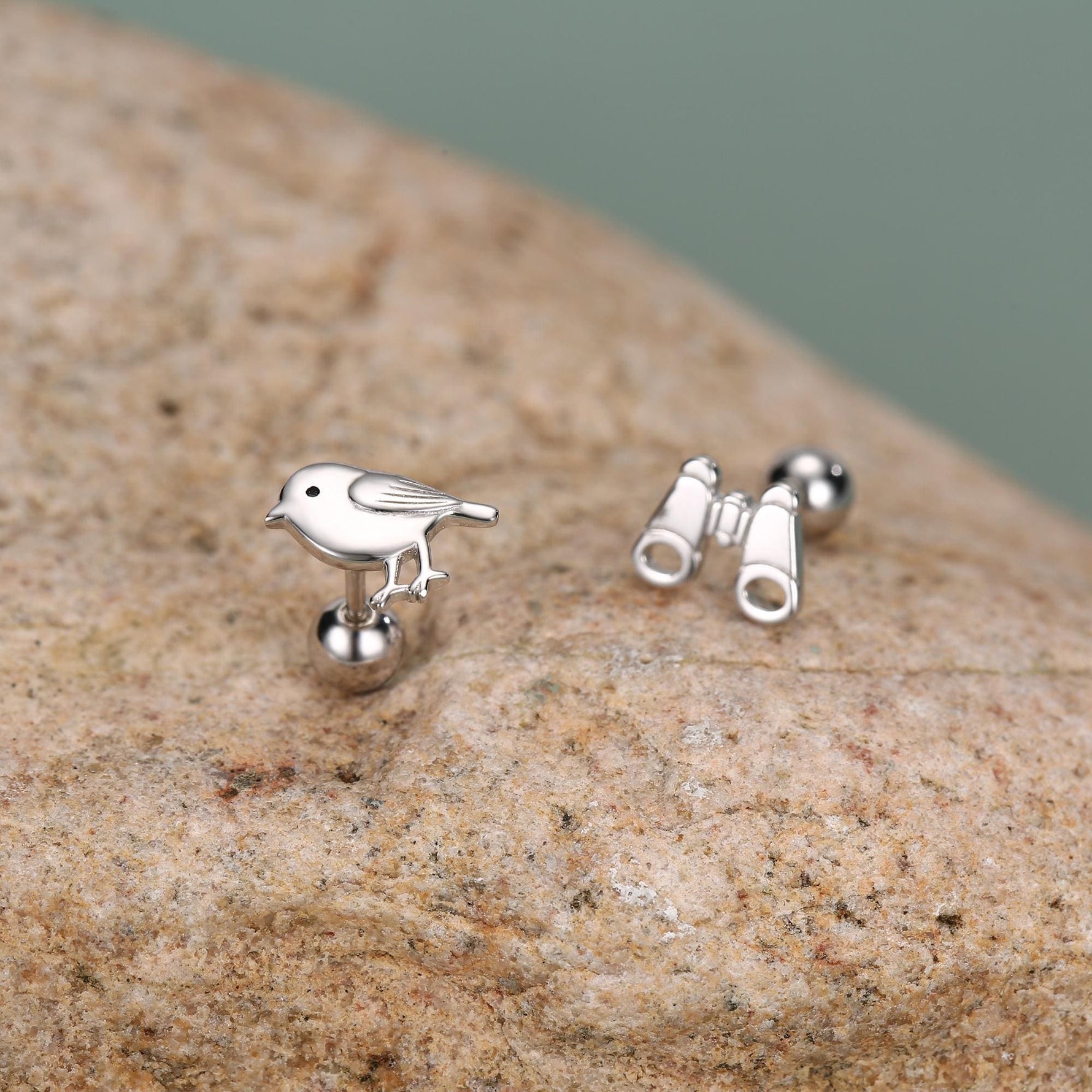 Sterling Silver Bird and Binoculars 18G Screw Back Mismatched Earrings