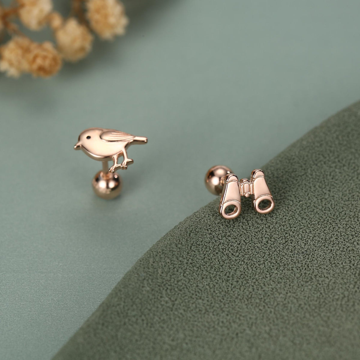 Sterling Silver Bird and Binoculars 18G Screw Back Mismatched Earrings