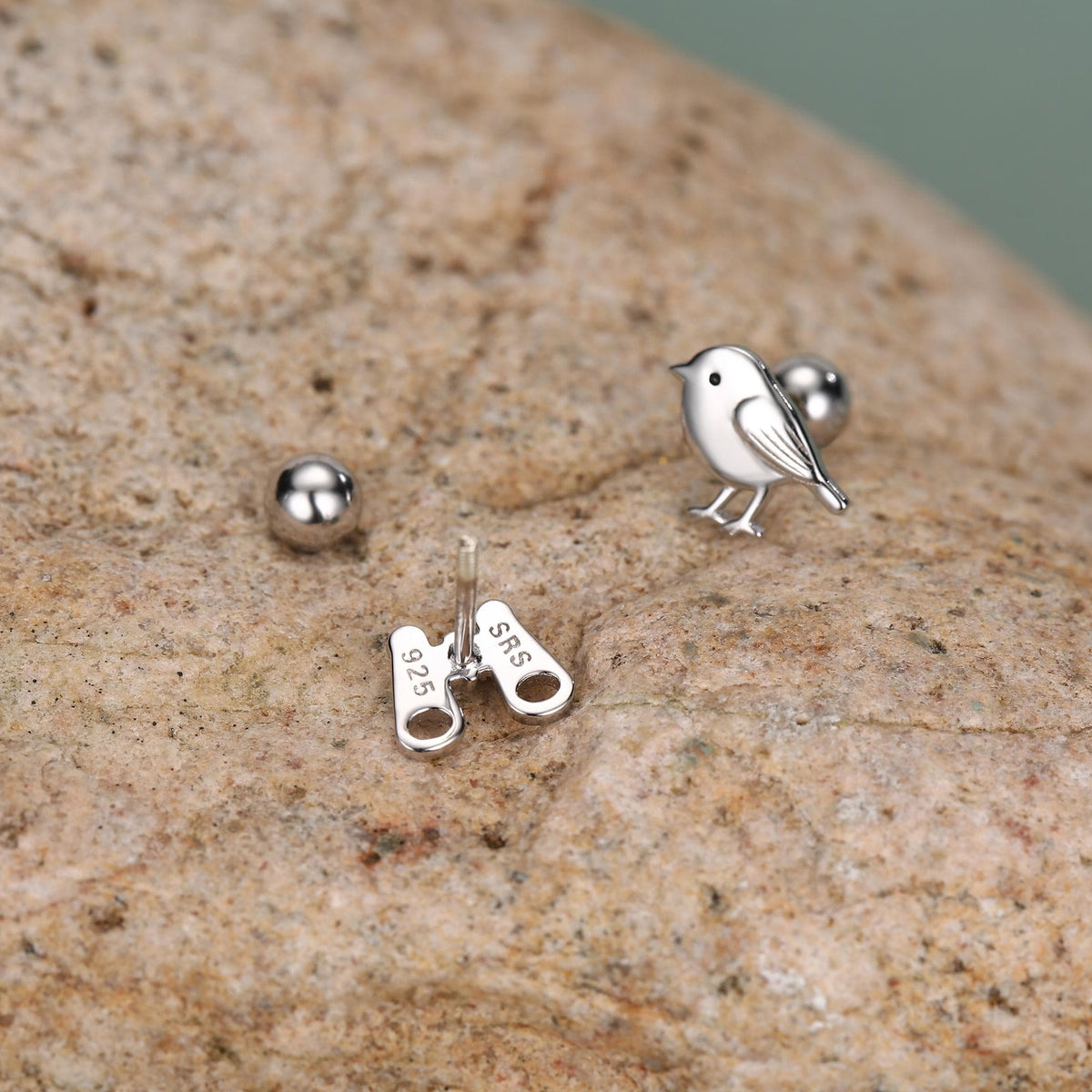 Sterling Silver Bird and Binoculars 18G Screw Back Mismatched Earrings