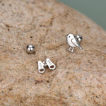 Sterling Silver Bird and Binoculars 18G Screw Back Mismatched Earrings